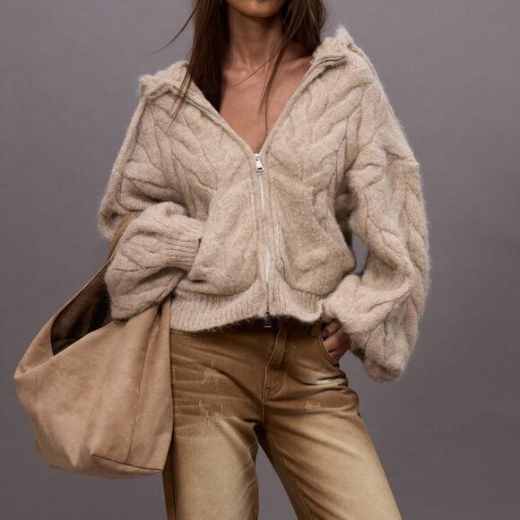 Khaki Casual Women's Chunky Oversized Hooded Cable Knit Sweater - Picture 5 of 6